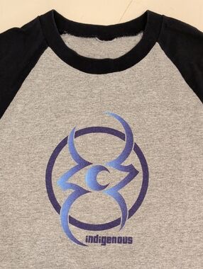 Vintage Indigenous Band Grey Tee with Black Arms Native Graphic 90s Rave Rock